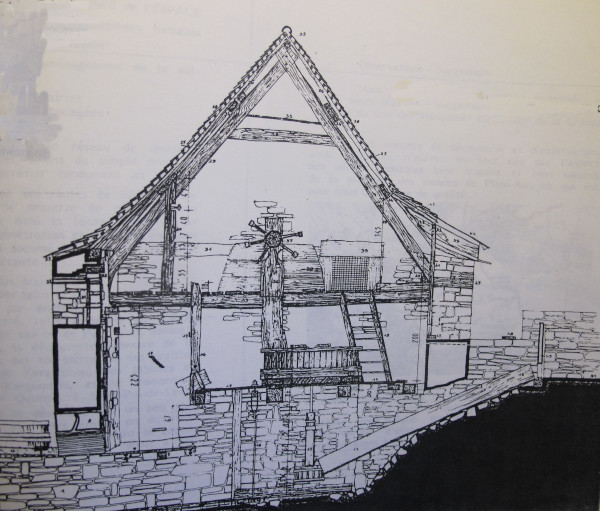 Plan du moulin du Pont-Glas levé par Jacques Oulc'hen, pour soutenance de diplôme architecte, présidée par Yves Poho en 1985